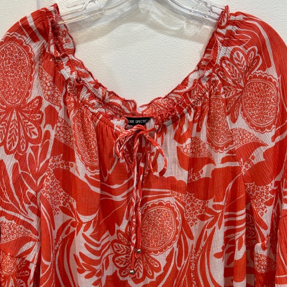Unique Spectrum Red Floral Peasant Blouse with Pom Trim - Picture 3 of 5